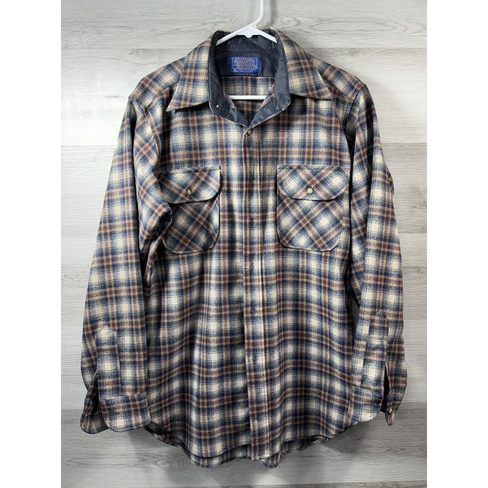 Vintage Pendleton Board Shirt Mens Medium Blue Cream Plaid Virgin Wool 60s 70s